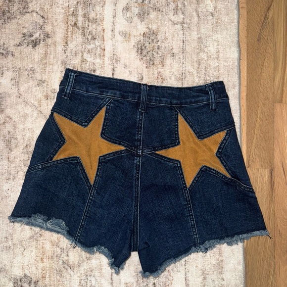Buckle Pants - Buckle Dark Blue Denim Shorts with Tan Star Patches